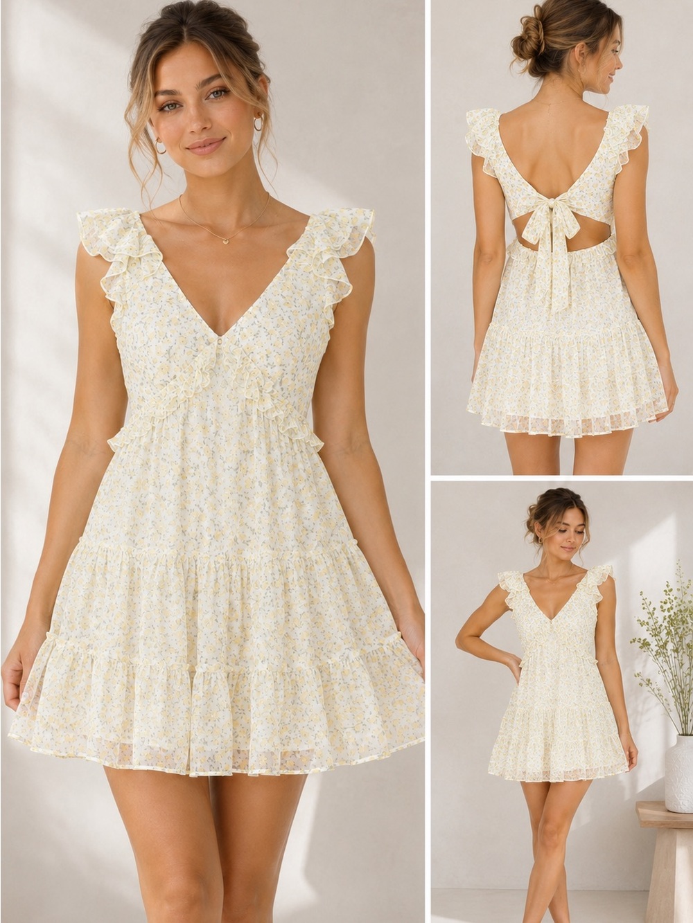 Trixxi Pale Yellow Floral Ruffle V-Neck Mini Dress
